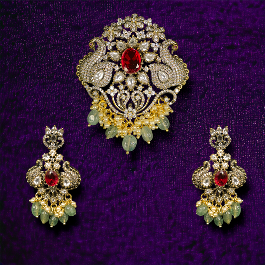 Victorian Zircon Pendant Set with Polki and Peacock motif. This Victorian Jewellery is available in a Red colour variant. 