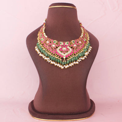 Royal Jadau Kundan Choker Necklace With Emerald  Drops