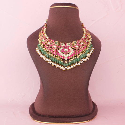Royal Jadau Kundan Choker Necklace With Emerald  Drops