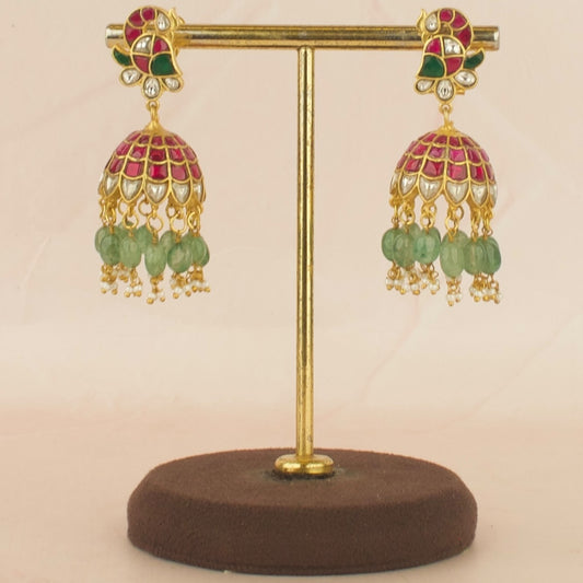 Peacock Design Studded Jadau Kundan Jhumki with Beads