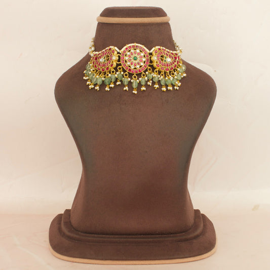 jadau kundan choker necklace with pink and green stones, gold-tone metal