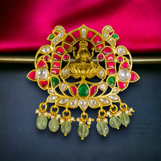 Divine Lakshmi Devi Jadau Kundan Pendant with Nakshi Finish with 22k Gold plating This product belongs to Jadau Kundan Jewellery