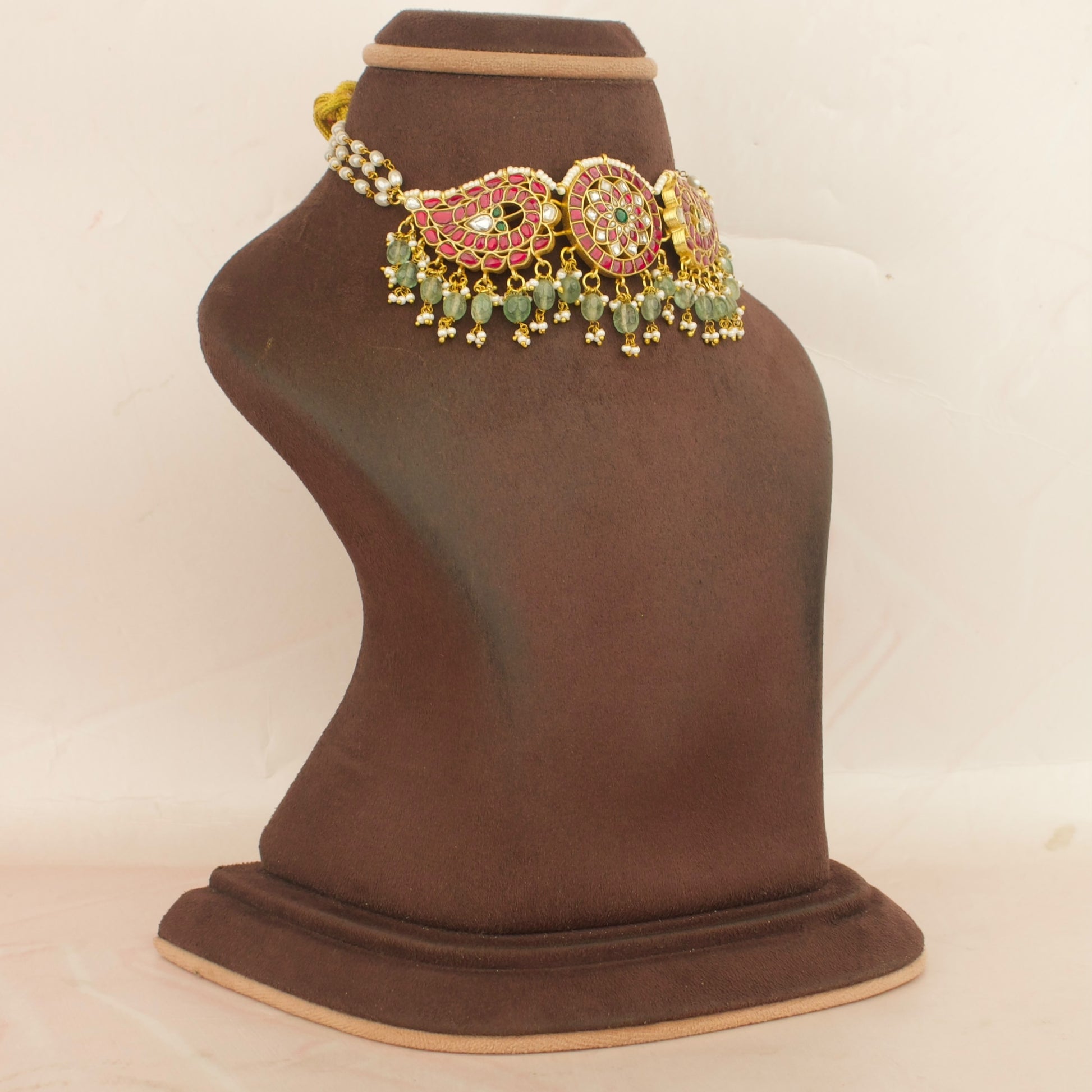 Jadau kundan choker necklace with pink and green stones and dangling beads