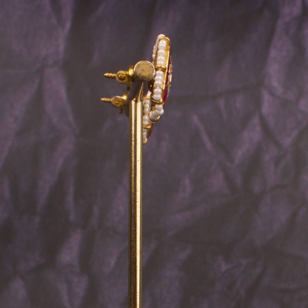 Multi Colour Jadau Kundan Stud Earrings With Pearl Bordering