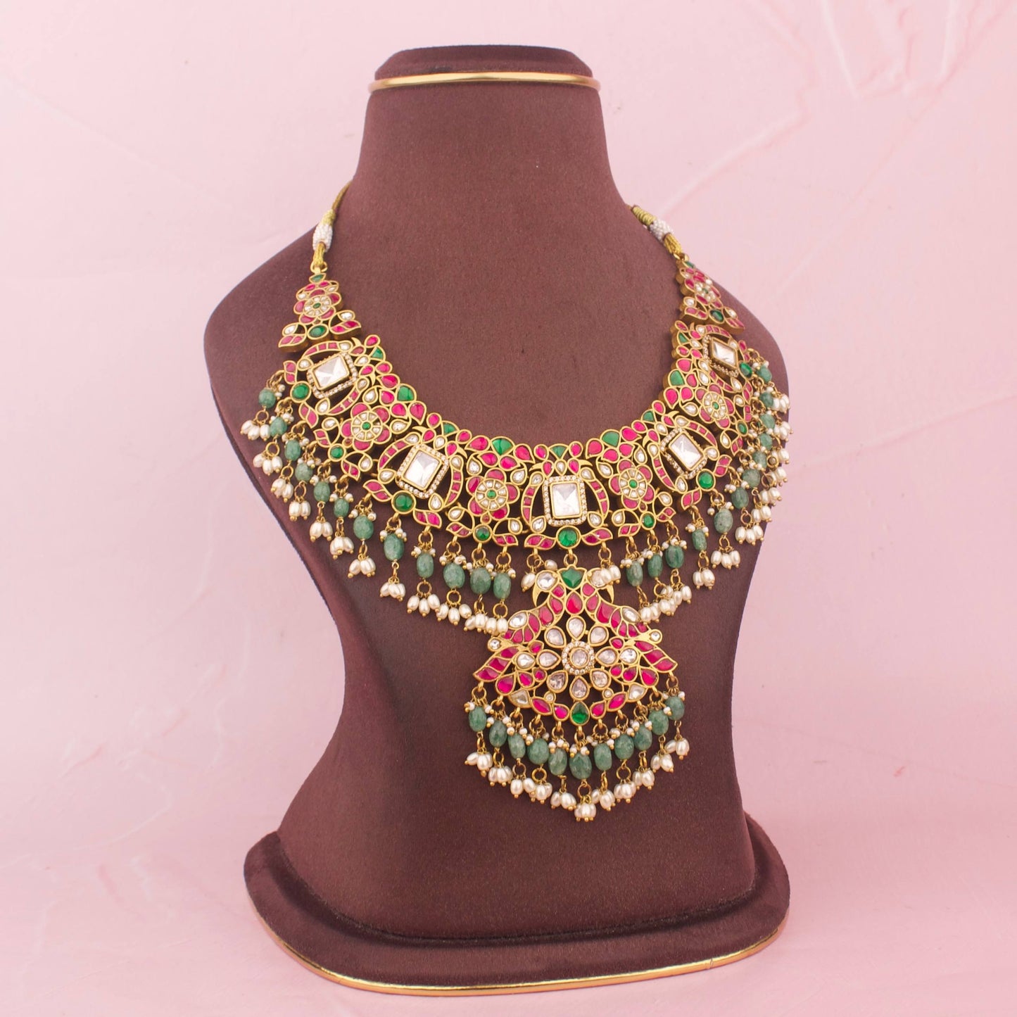 Close-Up Detail View of Trending Fusion Kundan x Polki Necklace With Guttapusalu Hangings | Dulhan Jewels