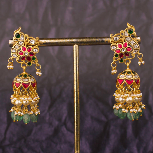 Heritage Style Jadau Kundan Jhumki Earrings With Pearl And Emerald Drops