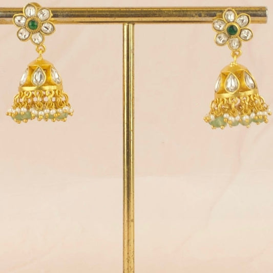 Floral Design Studded Jadau Kundan in Gold Style Jhumki - DULHAN JEWELS