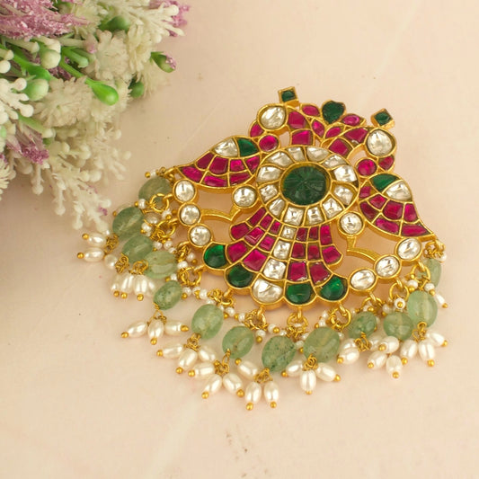 Floral Peacock Design Jadau Kundan Locket with Green Beads Hanging