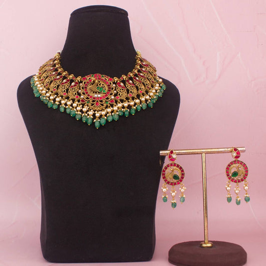 Stunning Jadau Kundan X Nakshi Necklace Set With Matching Earrings