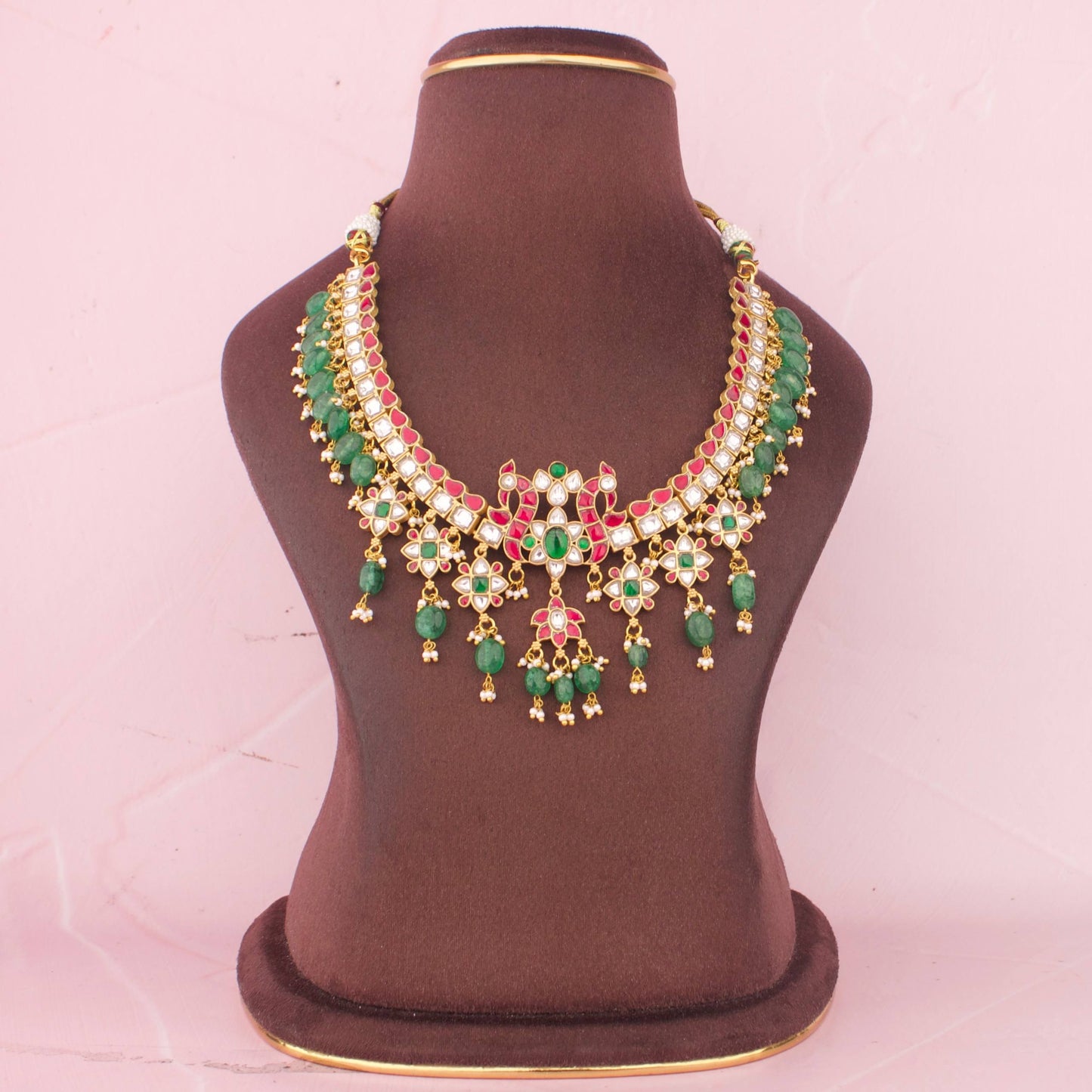 Majestic Peacock Design Jadau Kundan Necklace With Green Bead Hangings