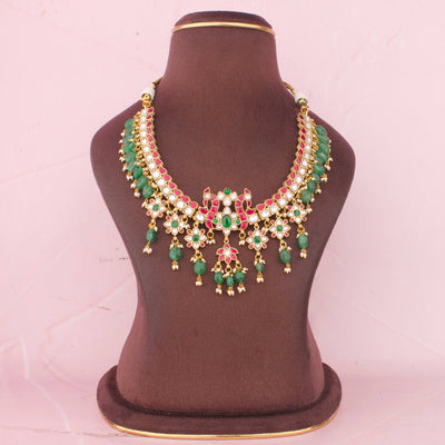 Majestic Peacock Design Jadau Kundan Necklace With Green Bead Hangings
