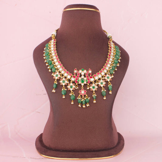 Majestic Peacock Design Jadau Kundan Necklace With Green Bead Hangings
