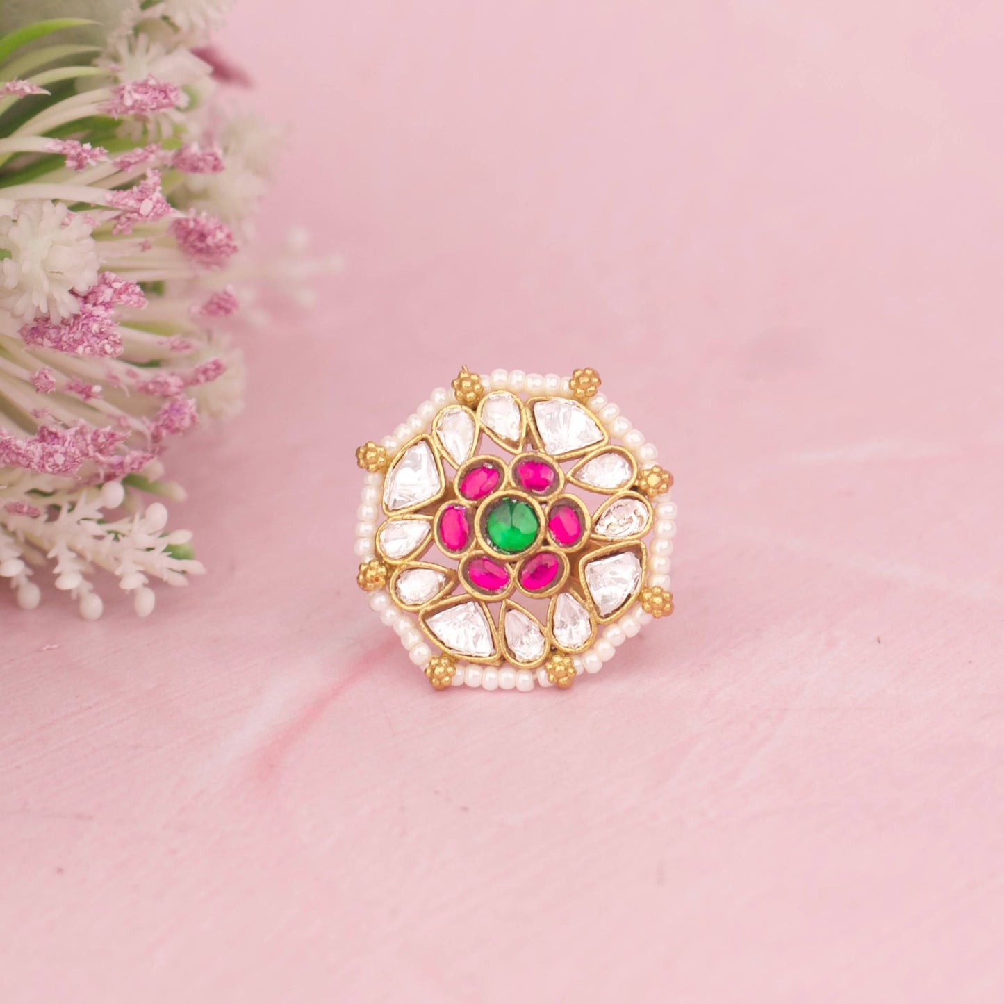 Classic Floral Kundan Ring With Pearl Bordering