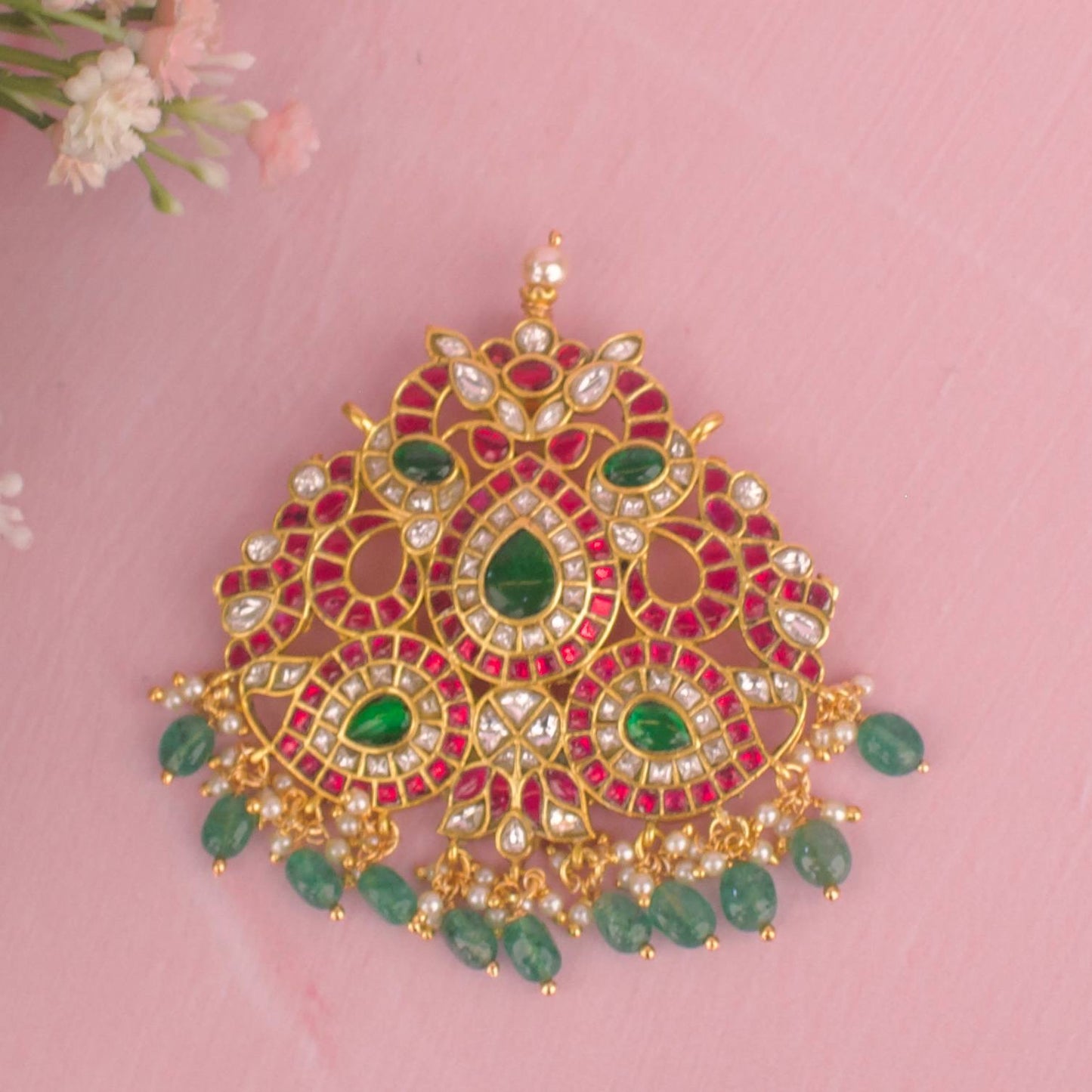 Traditional Multi Colour Jadau Kundan Pendant With Green Beads Hanging