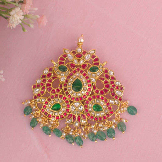 Traditional Multi Colour Jadau Kundan Pendant With Green Beads Hanging