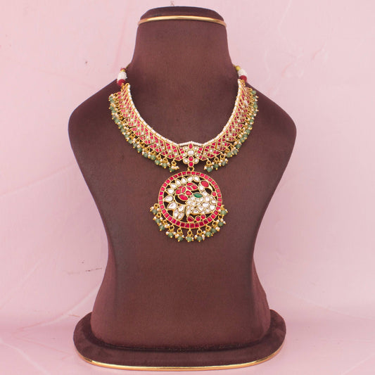 Jadau Kundan Short Necklace With Peacock Motif Locket