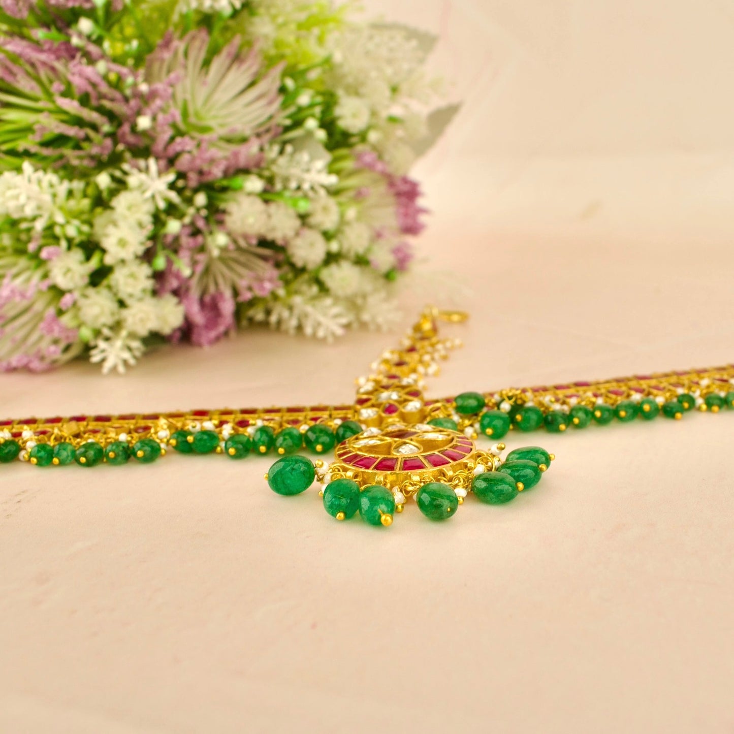 Bridal Chandbali Design Jadau Kundan Mate pati with Green Beads