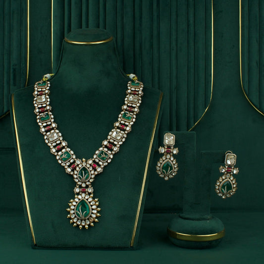 Bridal Emerald Polki Long Necklace Set With Earrings