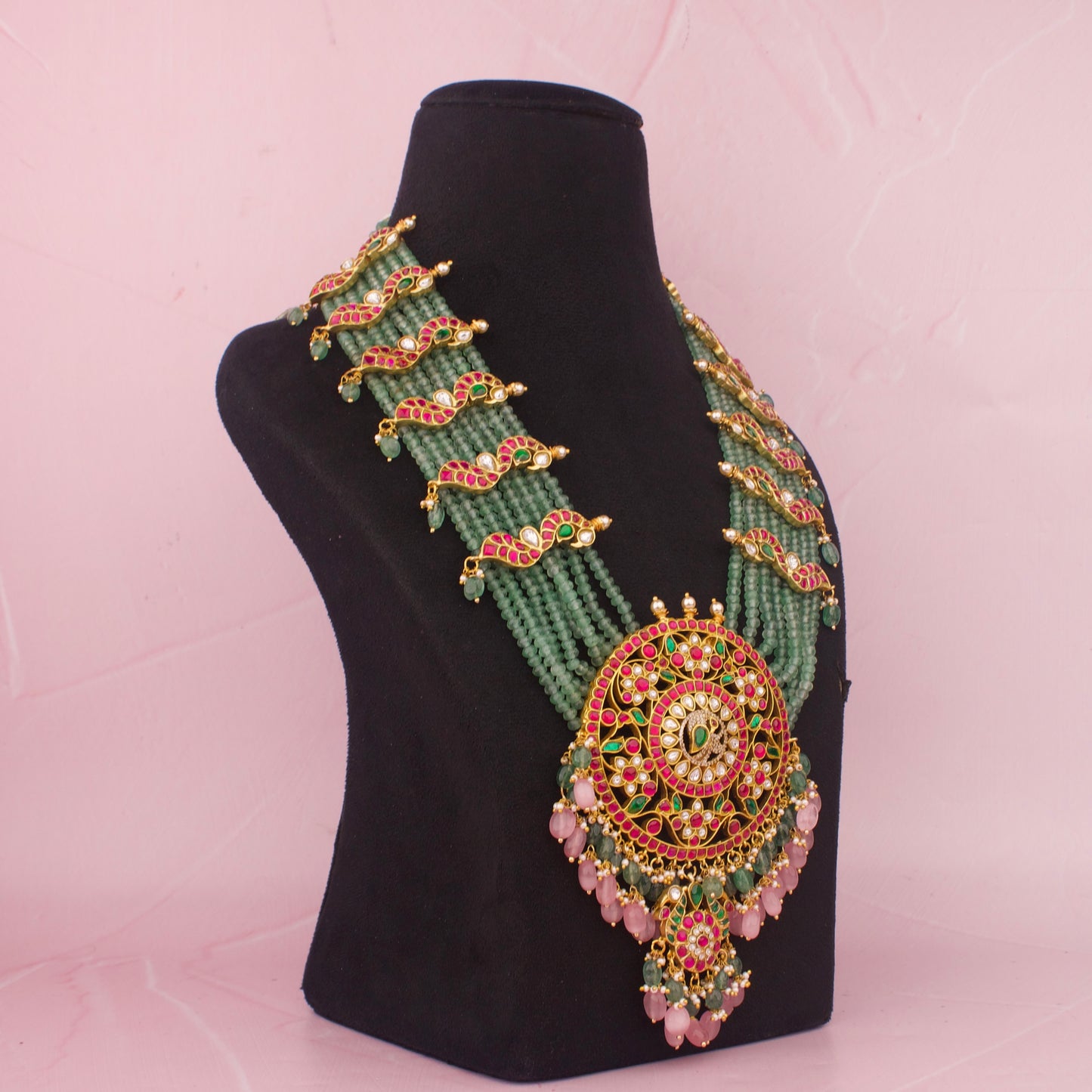 Handmade Jadau Kundan Long Rani Haar With Green Beads & Swarovski Chain