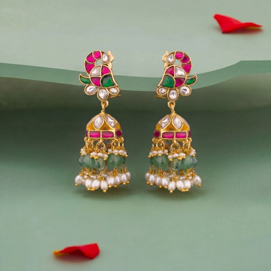 Ethereal Jadau Kundan Studded Jhumka Earrings With Emerald Green Drops