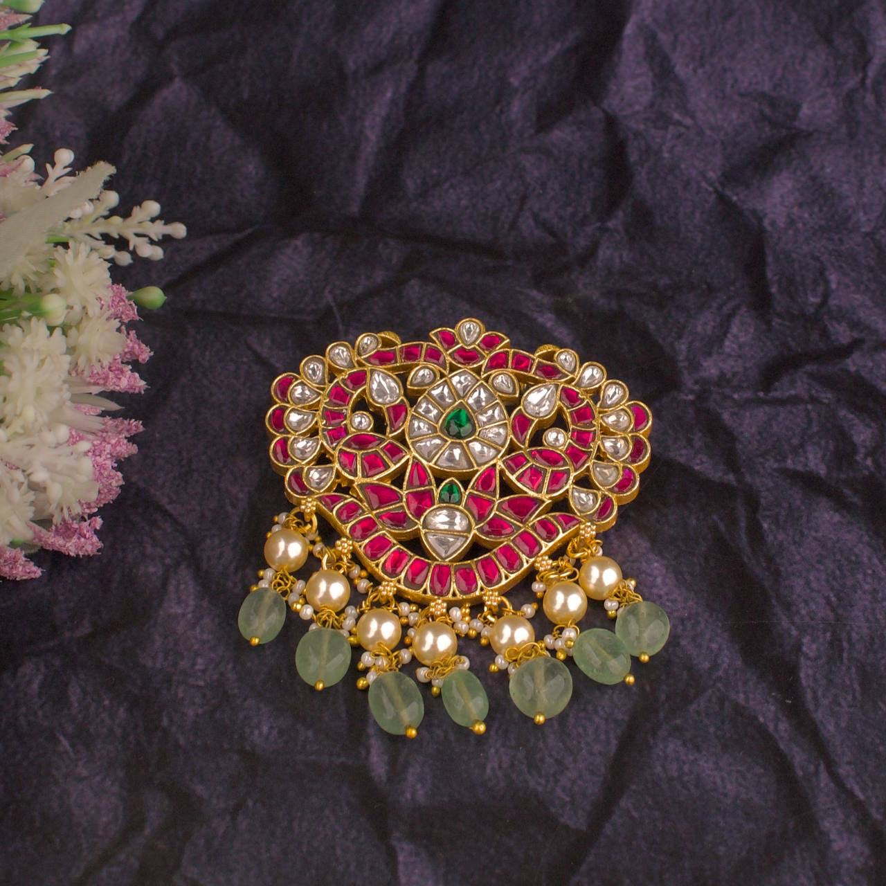 Unique Jadau Kundan Pendant With Pearl & Bead As Hanging
