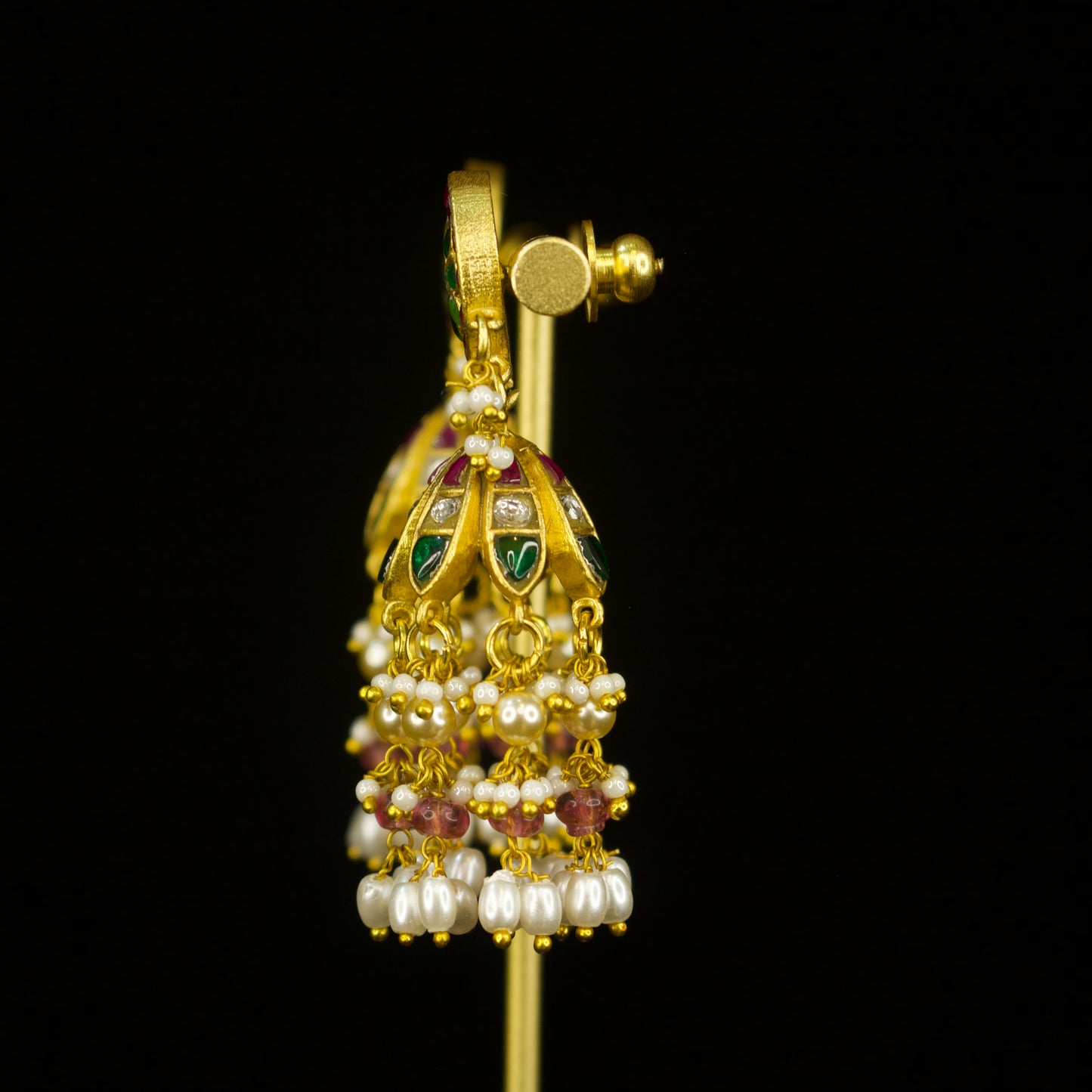 Radiant Floral Medallion Jadau Kundan Jhumkas with 22k gold plating. this producty belongs to jadau kundan jewellery