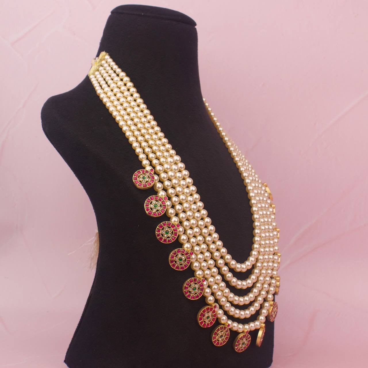 Grand Jadau Kundan Swarovski Pearl Haram With Kundan Lockets