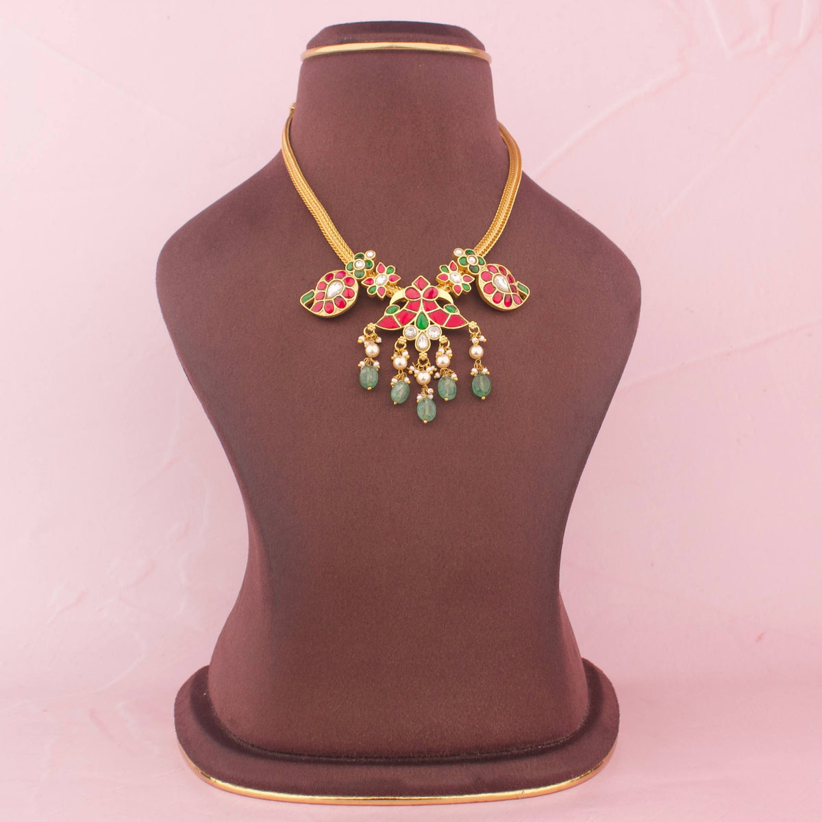 Classic Jadau Kundan Nantad Necklace With Green Drops