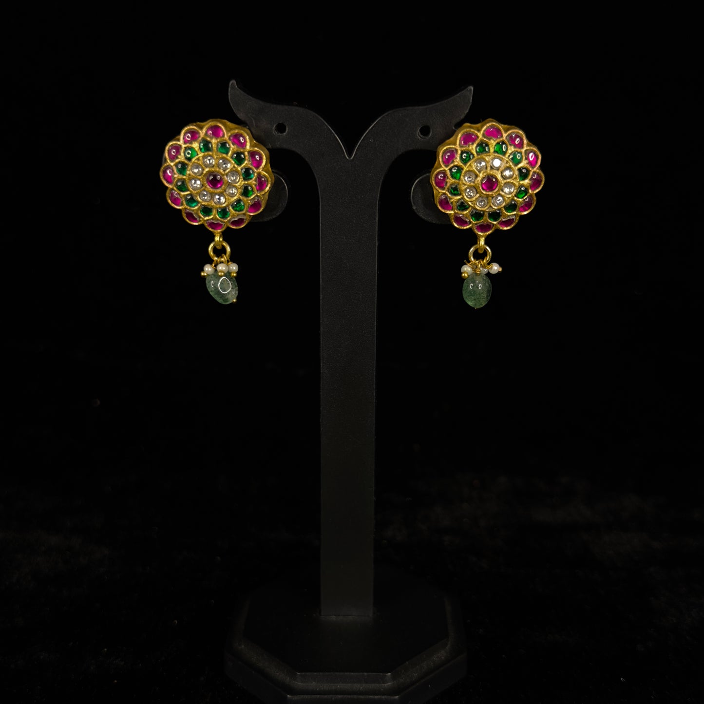 Gold Plated Round Kundan Stud Earrings with beads