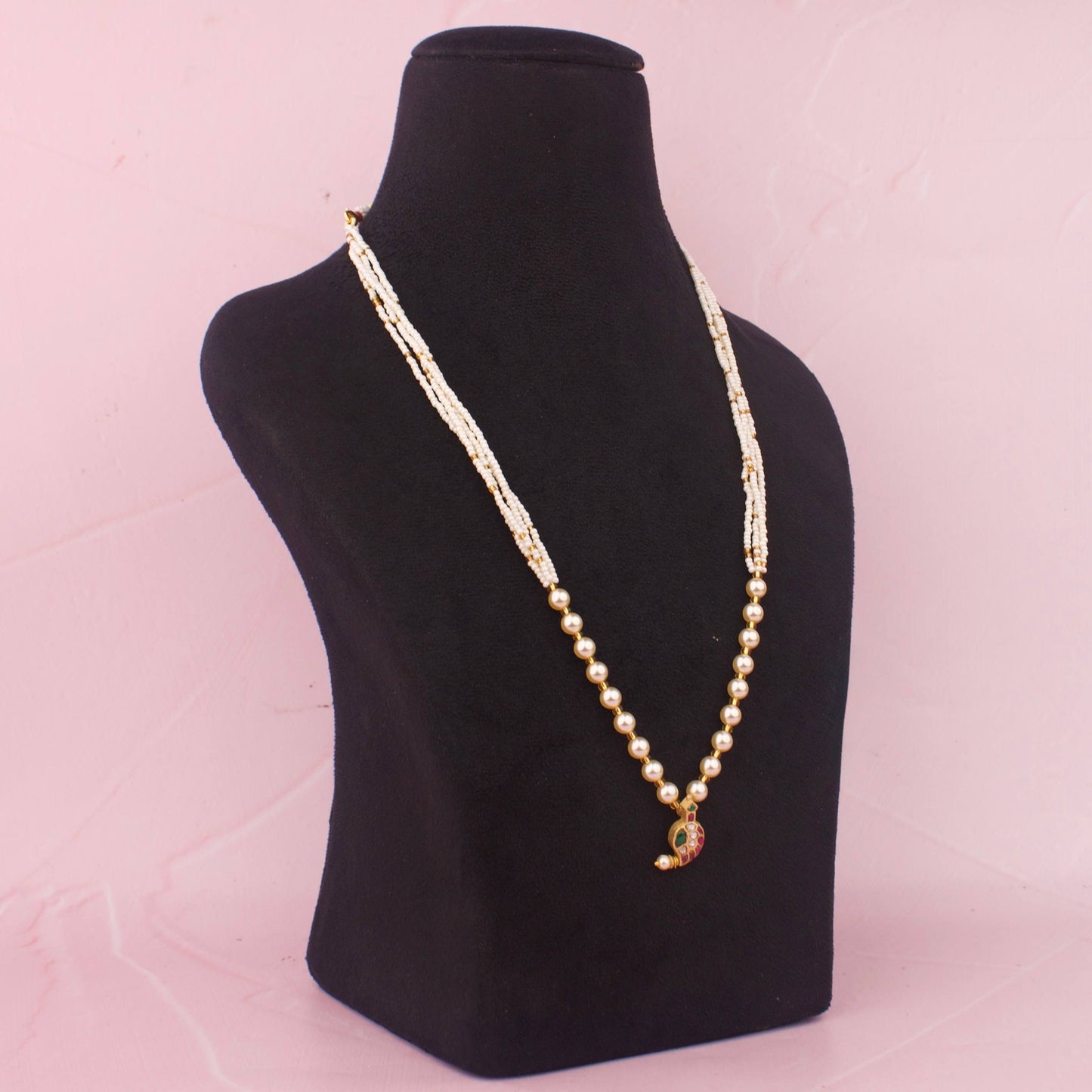 Elegant Jadau Kundan Pearl Mala Necklace With Designer Mango Pendant And Pearl Drop