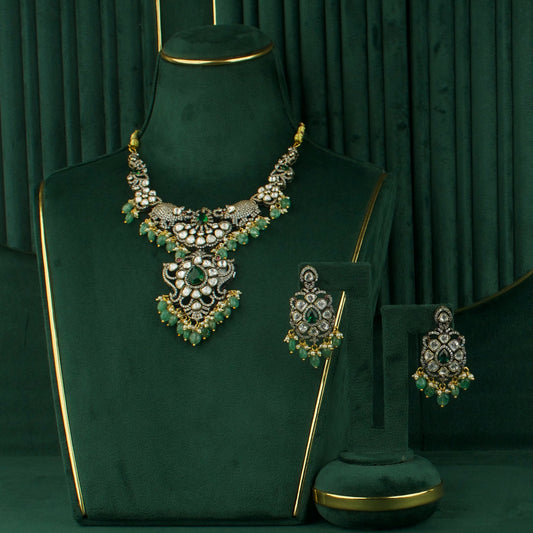 Victorian Diamond Necklace Set with intricate Motifs - DULHAN JEWELS