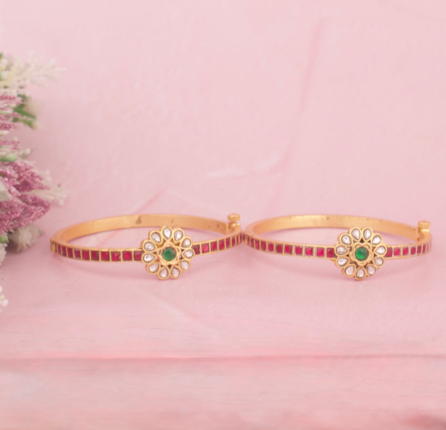 Blooming Jadau Kundan Bangle With Emerald And Ruby Accents
