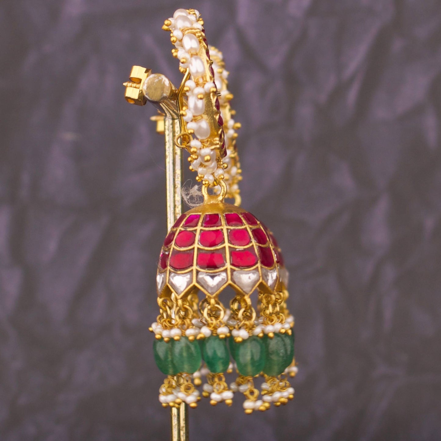 Majestic Jadau Kundan Jhumkas With Emerald Drops - Alternate View 1