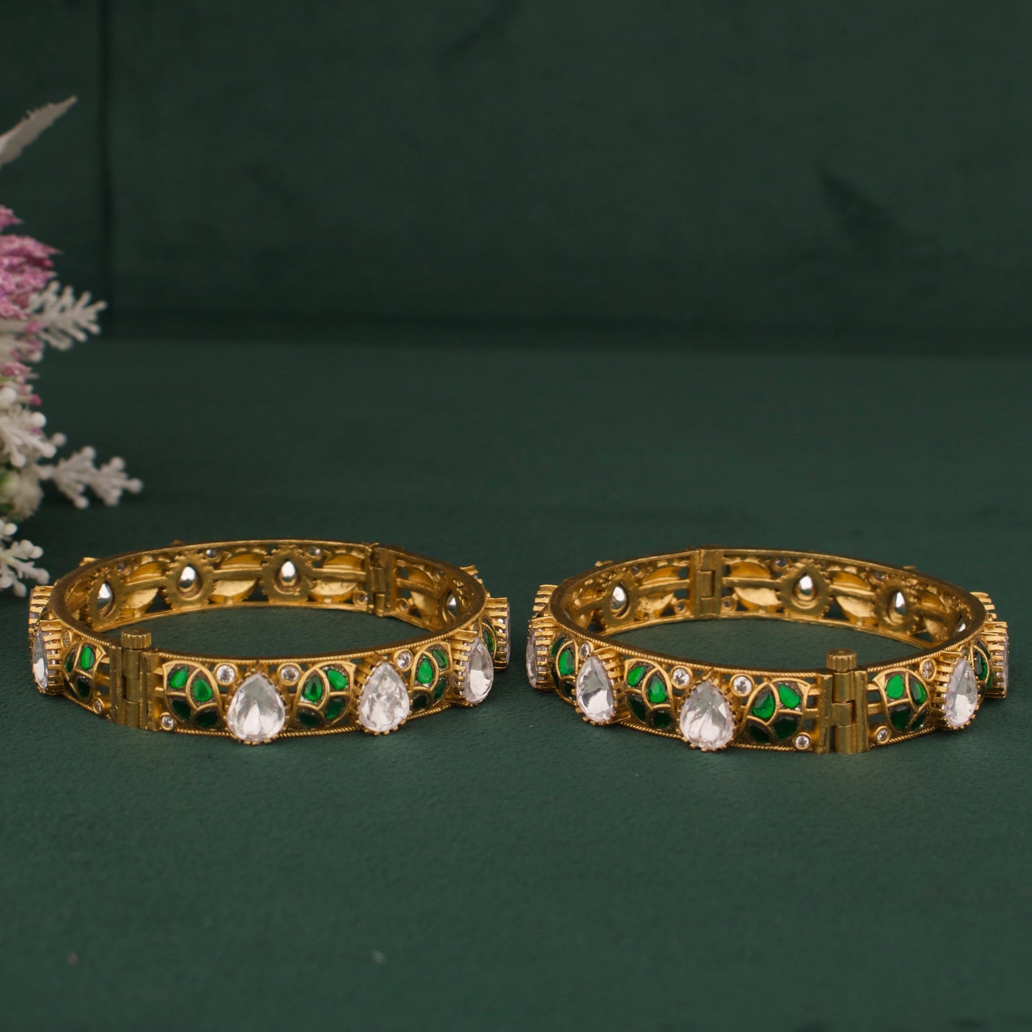 Elegant Victorian Polki Bangles With Ruby And Emerald Leaf Design in Antique Gold Finish