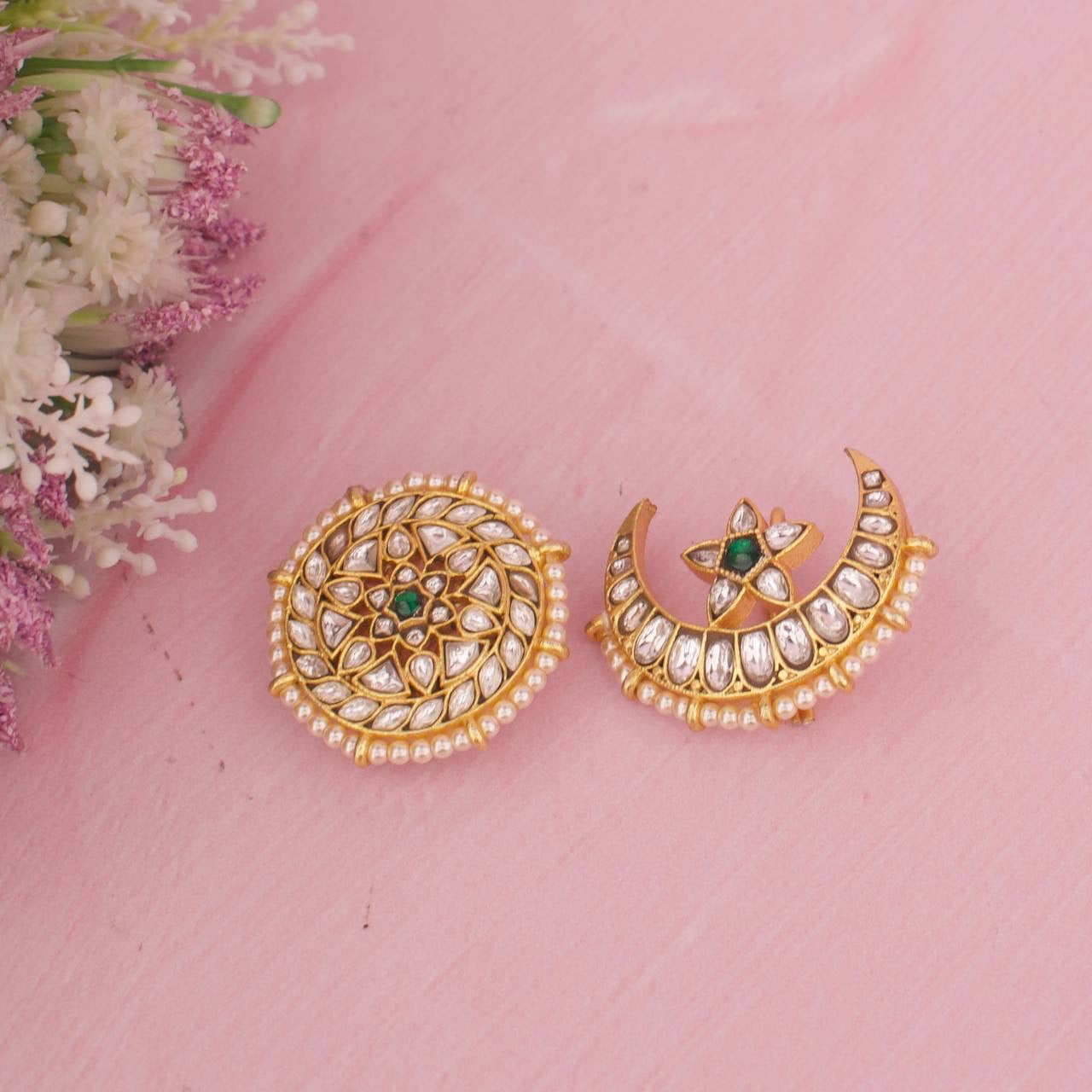 Divine Crescent Moon & Sun Polki Kundan Hairpin With Pearl Border