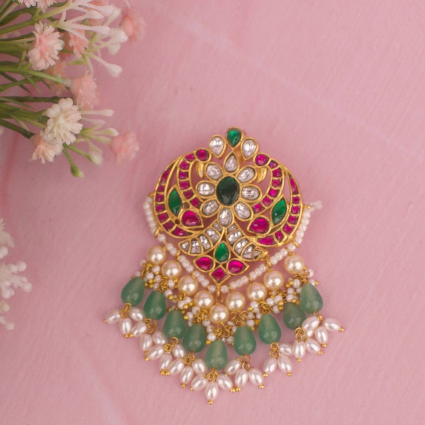 Peacock Design Jadau Kundan Pendant With Guttapusalu Hangings