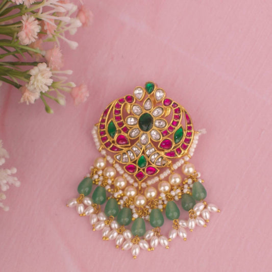 Peacock Design Jadau Kundan Pendant With Guttapusalu Hangings
