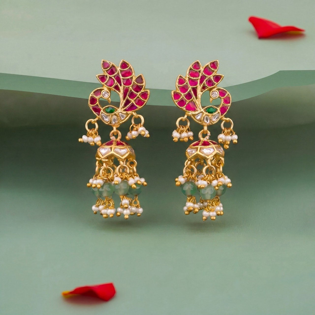 Ethnic Peacock Jhumka Earrings With Green Bead Drops