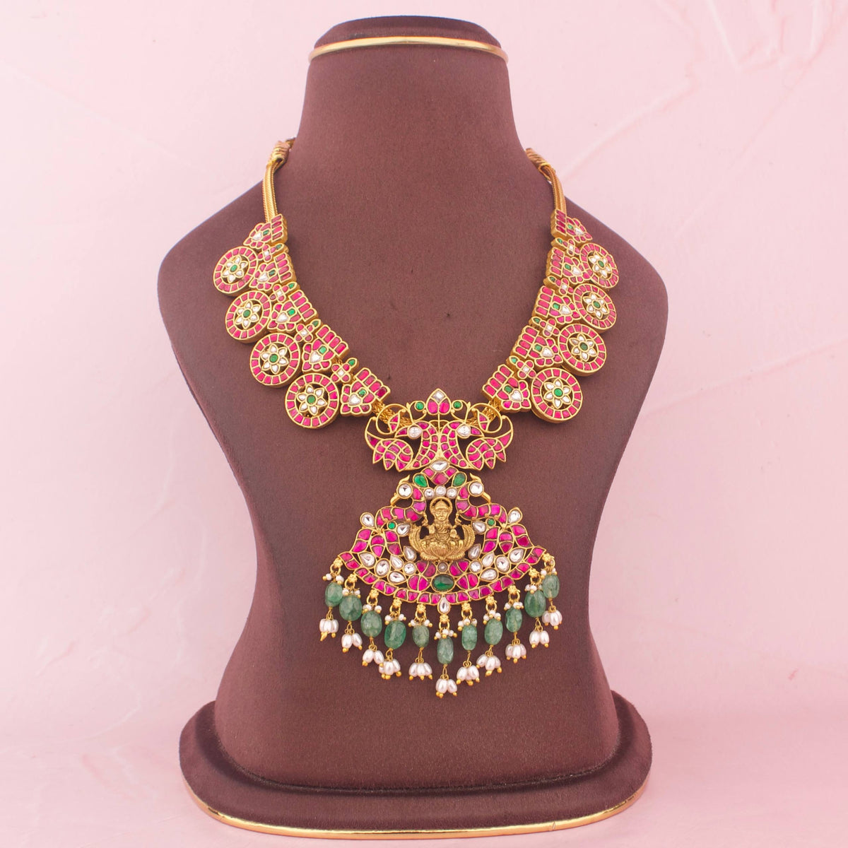 Designer Jadau Kundan Lakshmi Devi Necklace With Emerald Drops