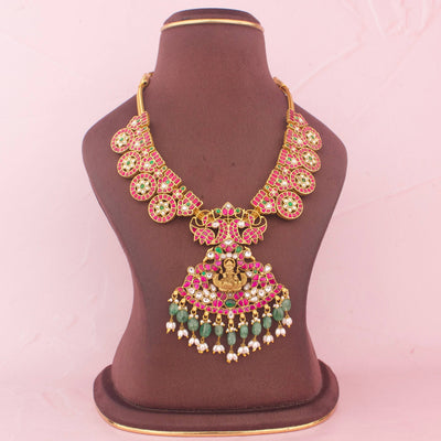 Designer Jadau Kundan Lakshmi Devi Necklace With Emerald Drops