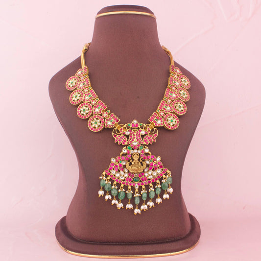 Designer Jadau Kundan Lakshmi Devi Necklace With Emerald Drops