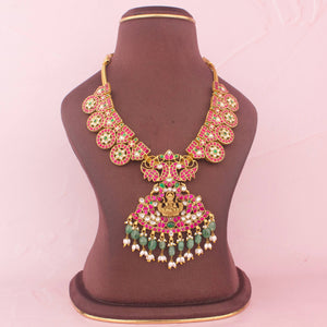 Designer Jadau Kundan Lakshmi Devi Necklace With Emerald Drops