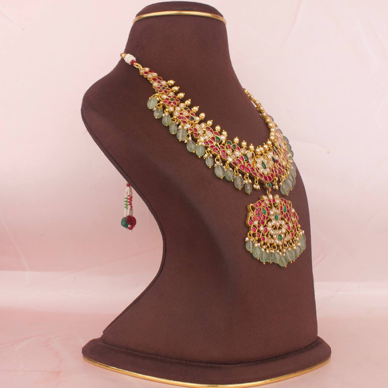 Traditional South-Indian Jadau Kundan Necklace With Beads Hanging