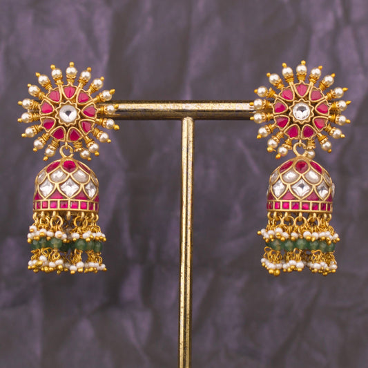 Luxury Gold Plated Jadau Kundan Jhumka With Radiant Floral Stud
