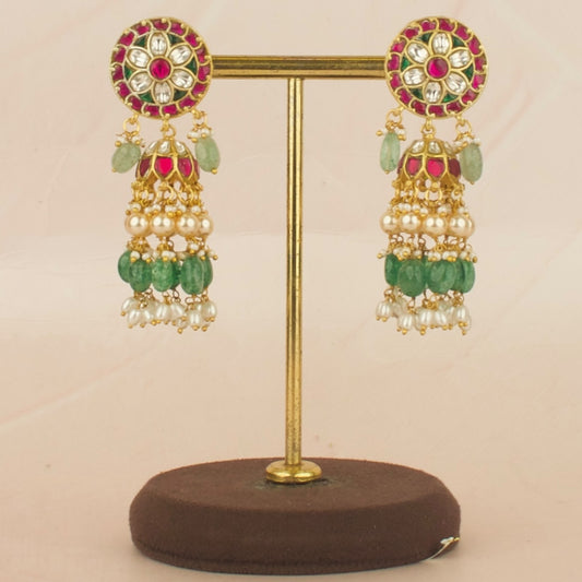 Festive Floral Design Studded Jadau Kundan Jhumki with Beads Hanging