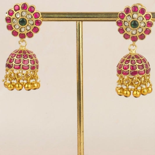 Floral Design Jadau Kundan Jhumki with Golden beads