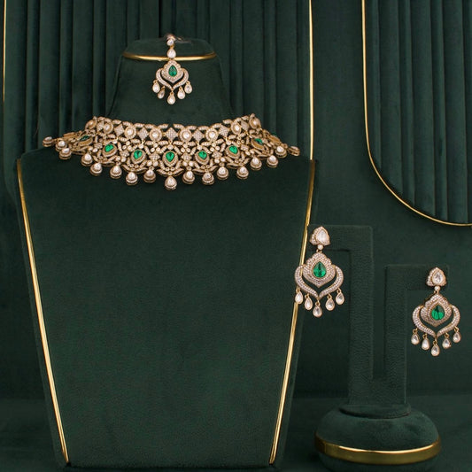 Bridal Victorian Polki Choker Set With Earrings And  Maangtika