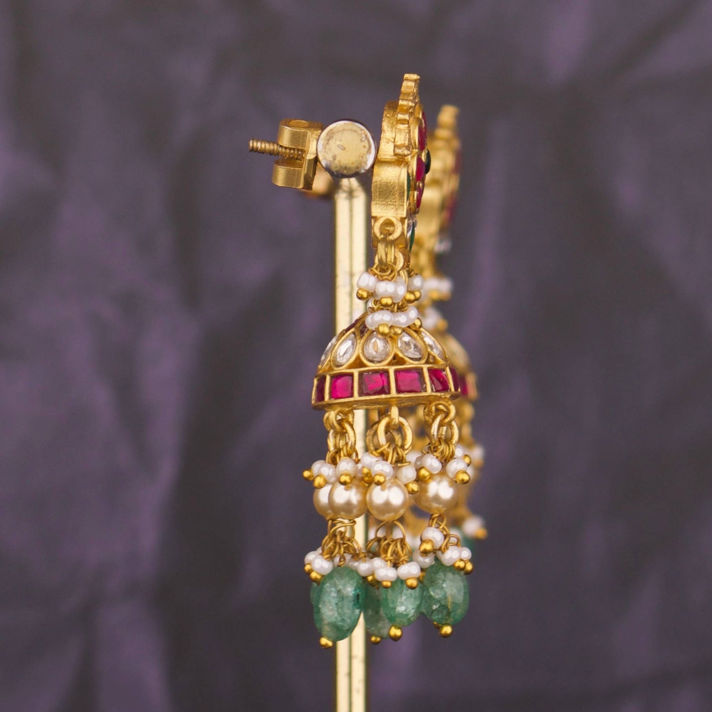 Impressive Floral Design Studded Jadau Kundan Jhumki with Orange beads