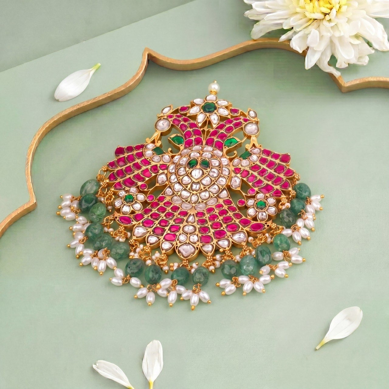 Grand Peacock Design Jadau Kundan Locket With Guttapusalu Hangings