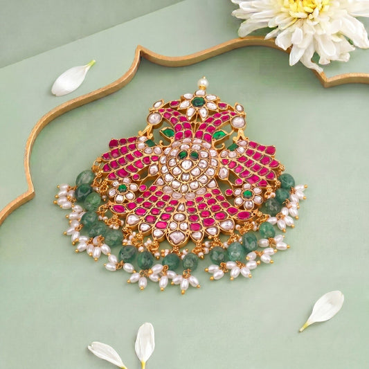 Grand Peacock Design Jadau Kundan Locket With Guttapusalu Hangings